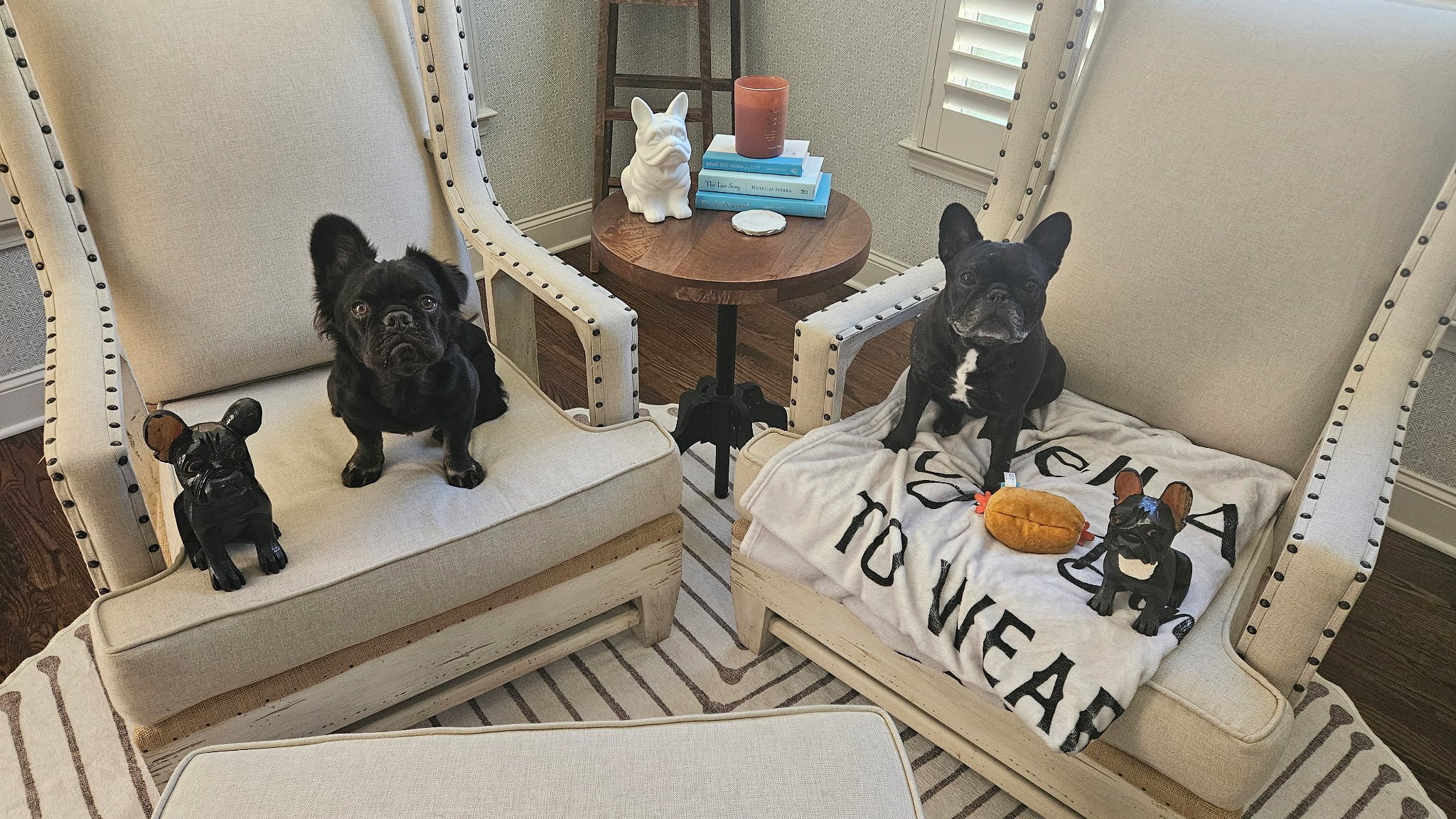 Palmer and Rosie on matching chairs with their toys