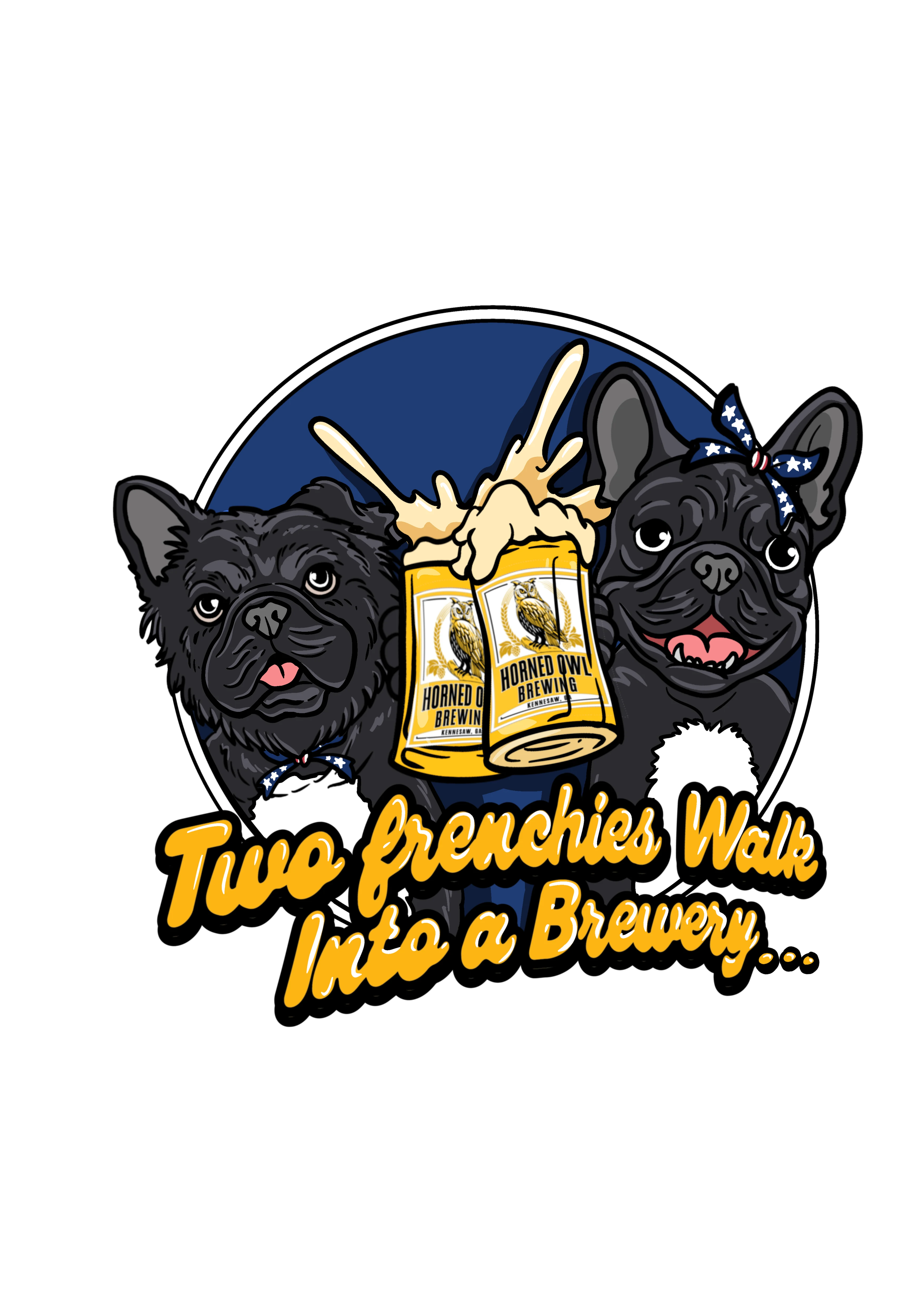 Two Frenchies Walk Into a Brewery — Horned Owl Brewing collab tee, back, steins design