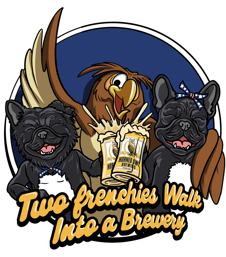 Two Frenchies Walk Into a Brewery — Horned Owl Brewing collab tee, back, owl design