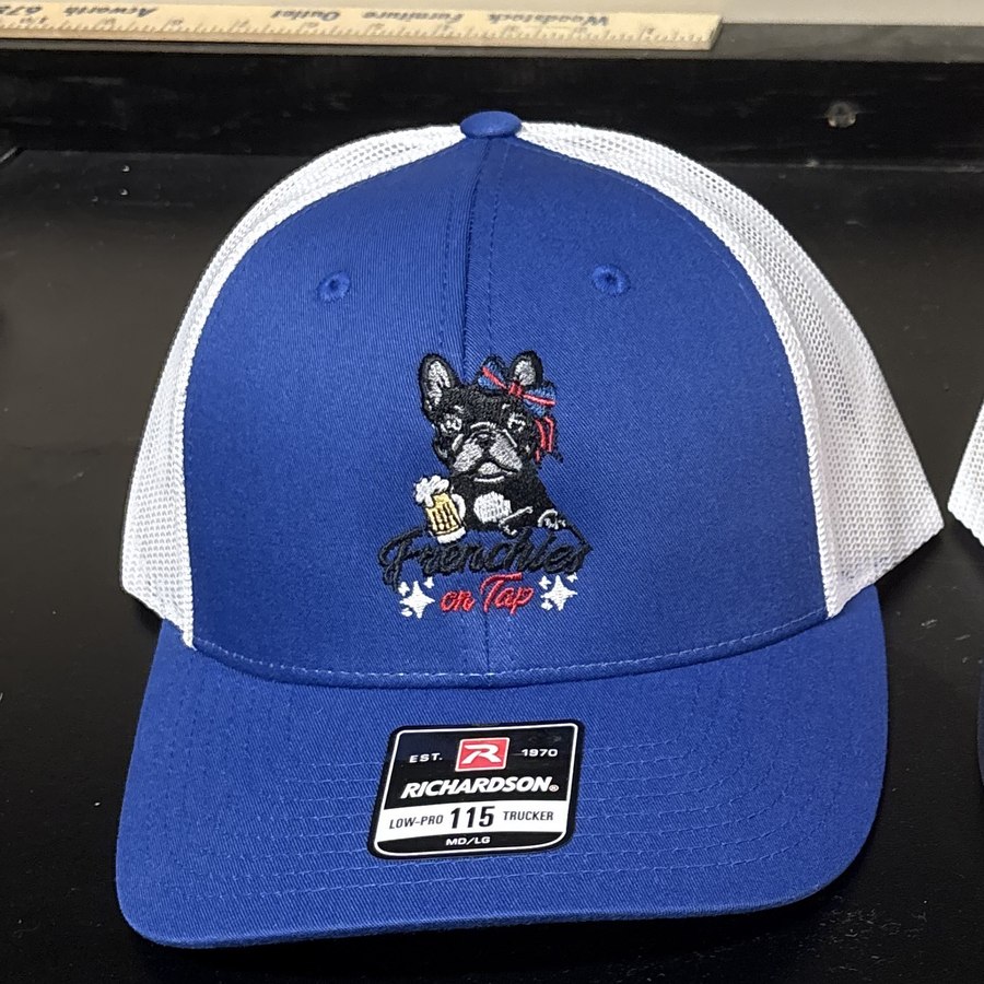 Richardson trucker hat with the current Frenchies on Tap dog logo